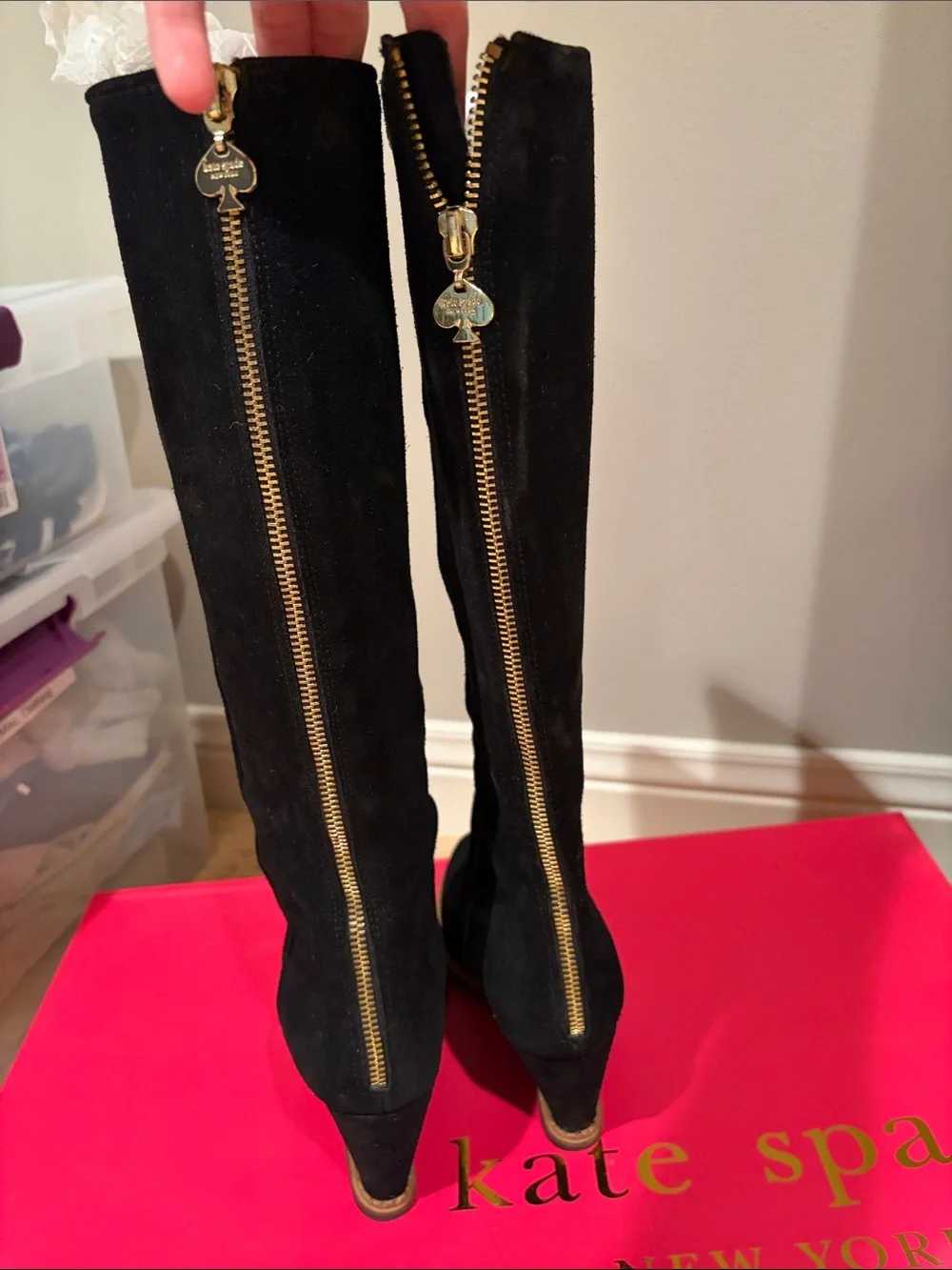 kate spade Black Suede Knee-High Wedge Boots
